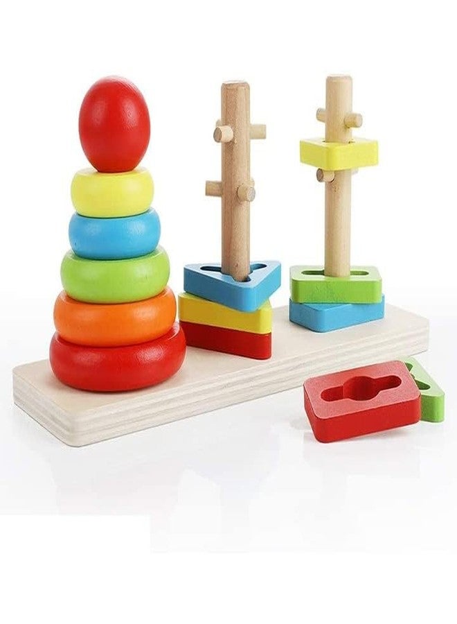CLAPONE Wooden Rainbow Rings Tower Geometric Shape Recognition, Sorting, Stacking and Plugging; Stacker Building Educational Learning Toy Game for 3 4 5 Years Old Toddlers(14 Pieces) - Image 1
